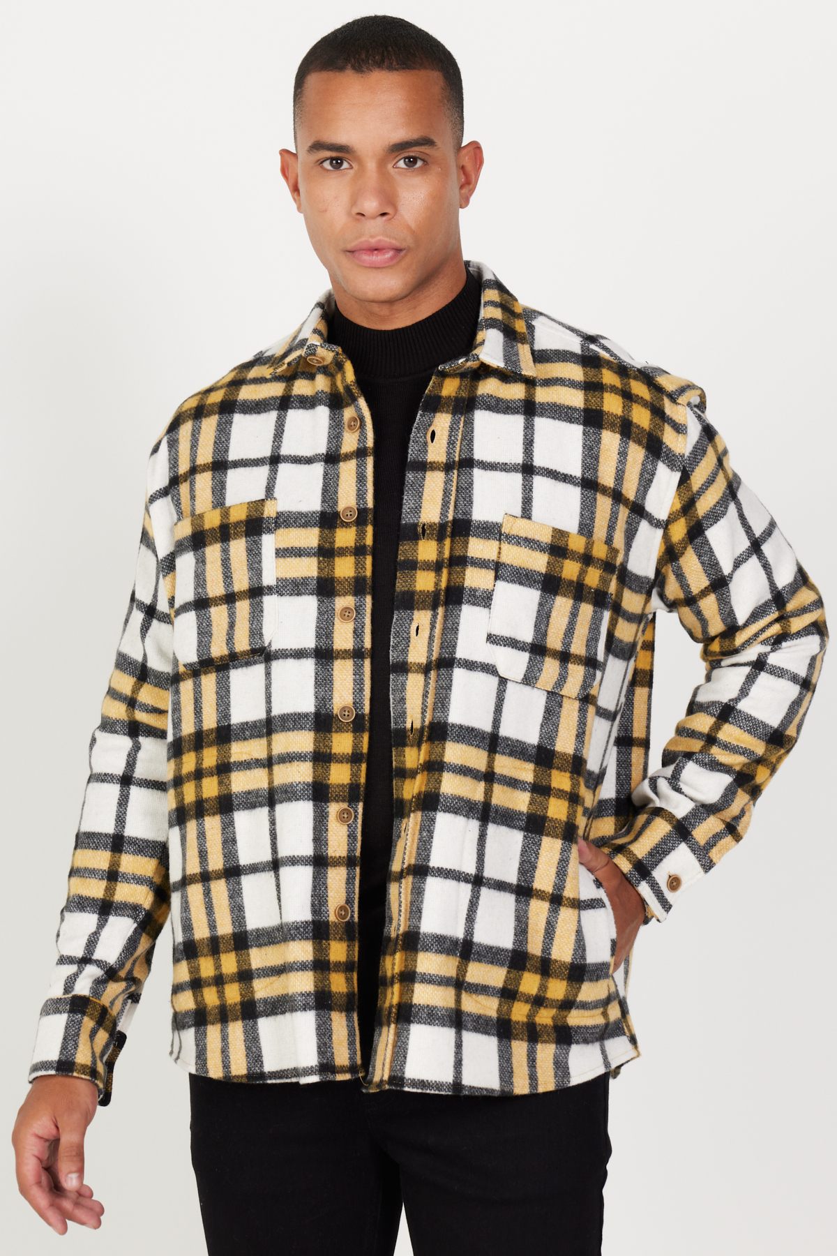 Levně AC&Co / Altınyıldız Classics Men's Mustard-black Oversize Wide Cut Buttoned Collar Pocket Checkered Lumberjack Winter Shirt Jacket