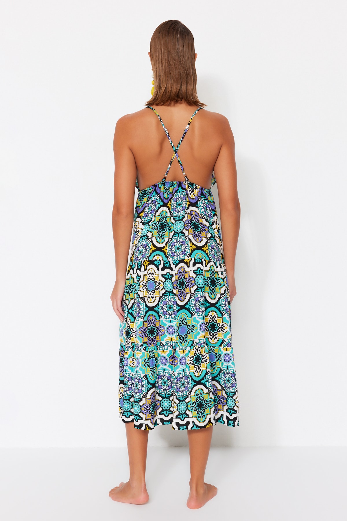 Rochie de plajă țesută midi cu model de țiglă Trendyol