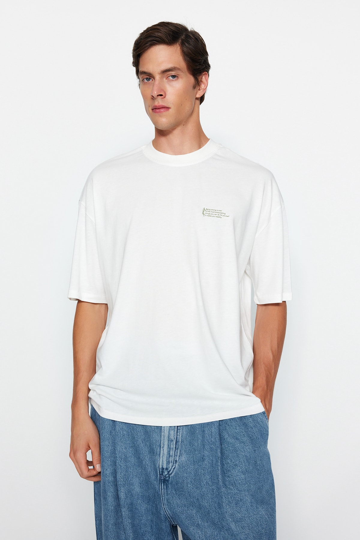 Trendyol Ecru Men's Oversize 100% Cotton Minimal Text Printed T-Shirt