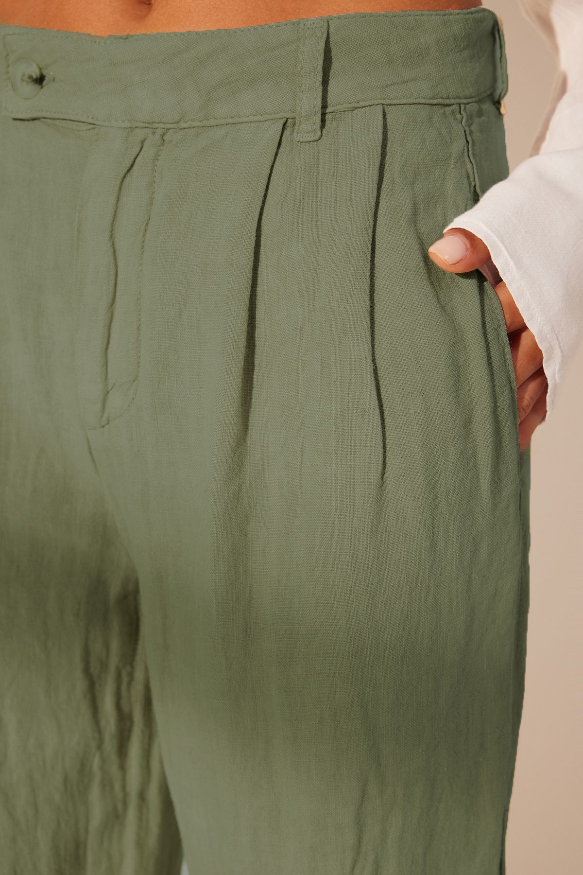 Trendyol Green 100% Linen Pleated High Waist Wide Leg Trousers