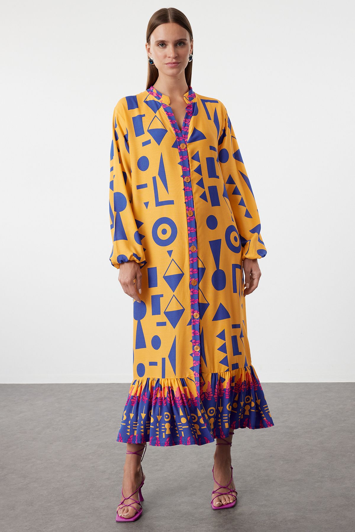 Trendyol Orange Printed Midi Wide Bow Border Pattern Detail Woven Dress Woven Dress