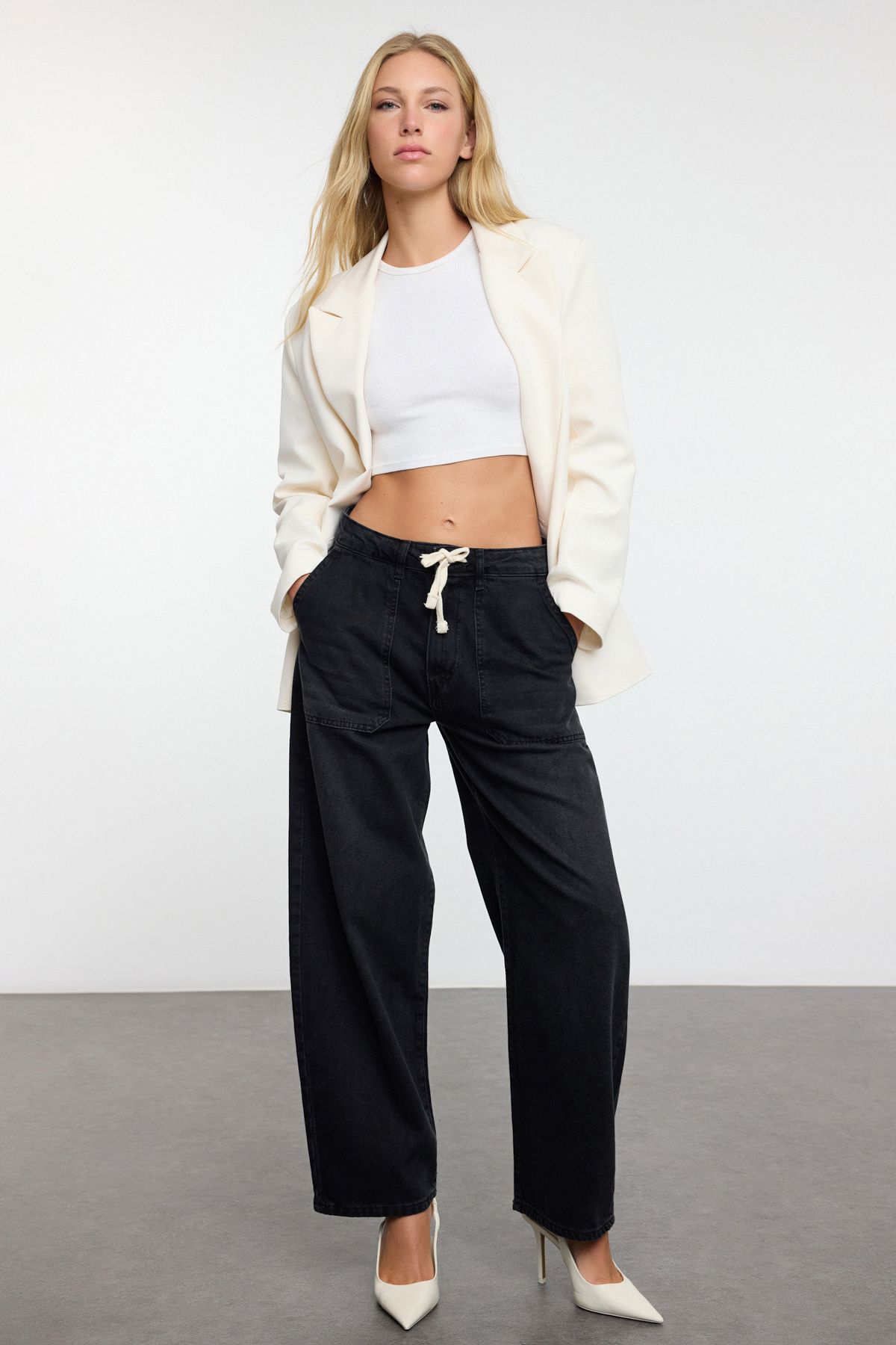 Trendyol Black Tie Detail High Waist Barrel Baggy Jeans