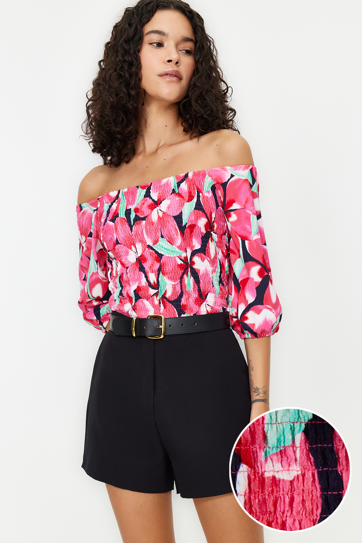 Trendyol Pink Printed Gimped Carmen Neck Three Quarter Sleeve Twill/Textured Knitted Blouse