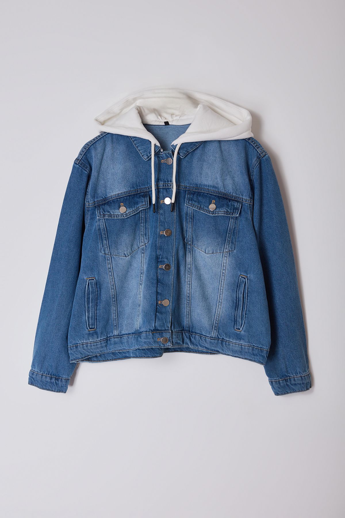 Trendyol Curve Blue Hooded Plus Size Denim Jacket