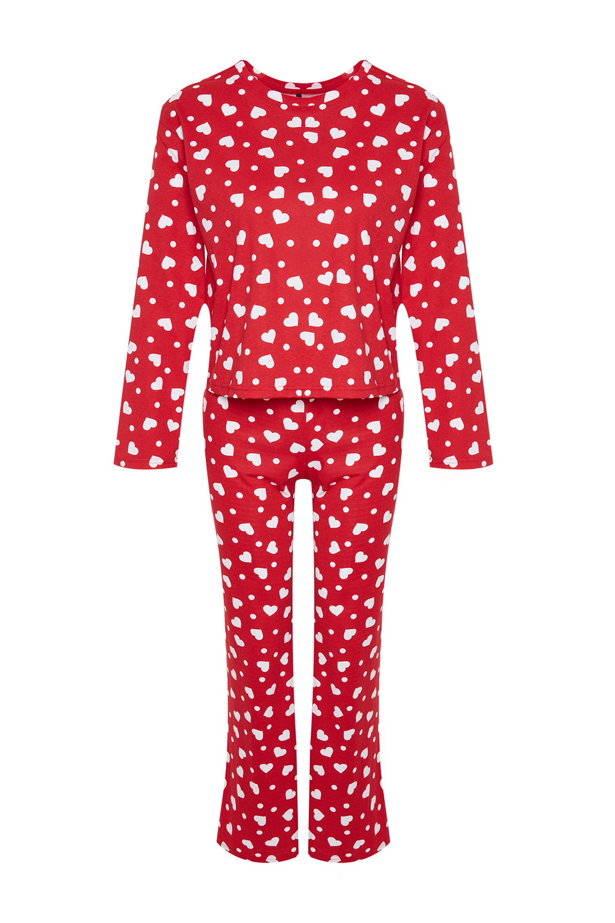 Trendyol Red 100% Cotton T-shirt-Pants With Heart And Knitted Pajamas Set