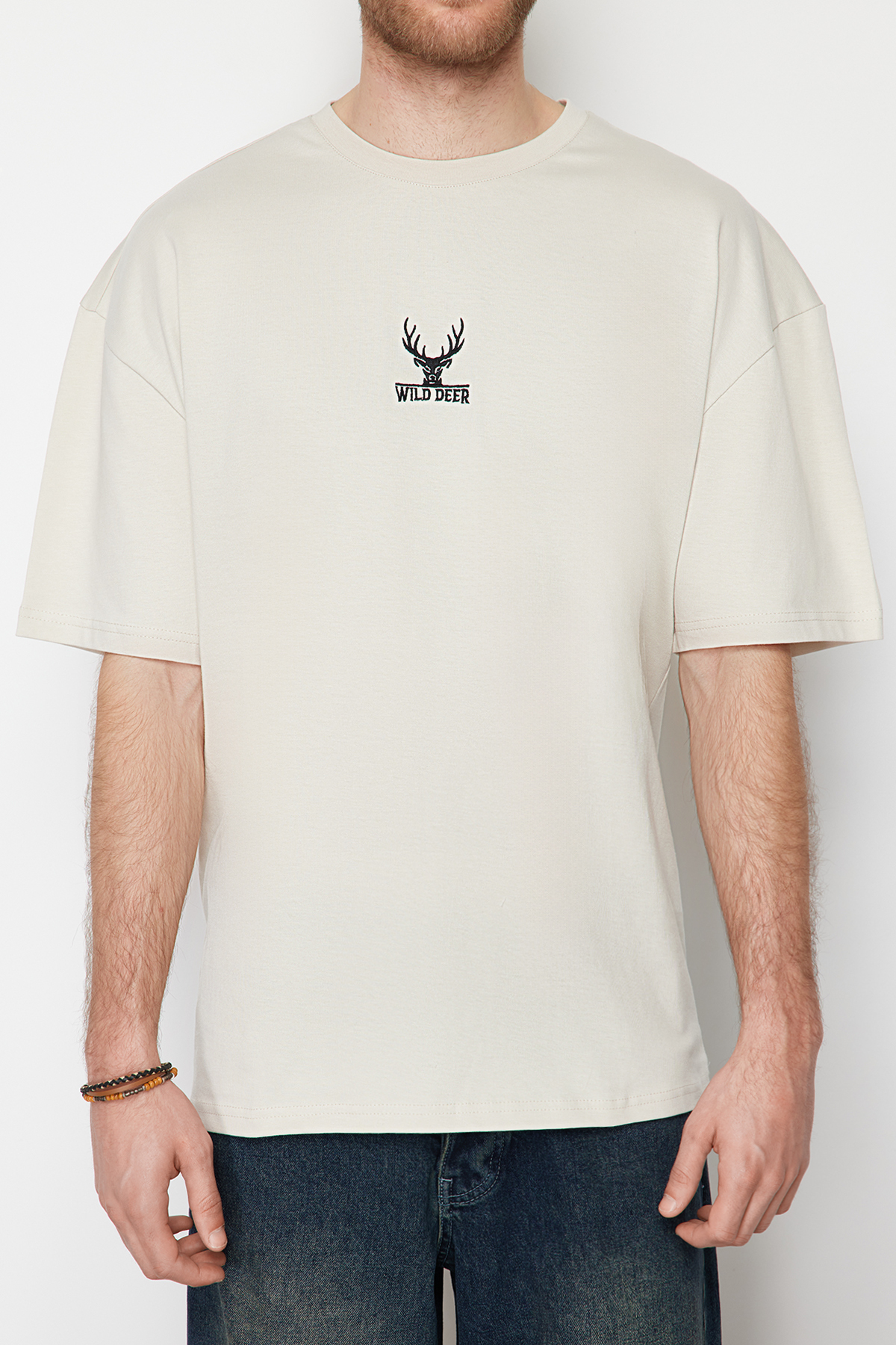 Trendyol Stone Men's Oversize Deer Embroidered 100% Cotton T-Shirt
