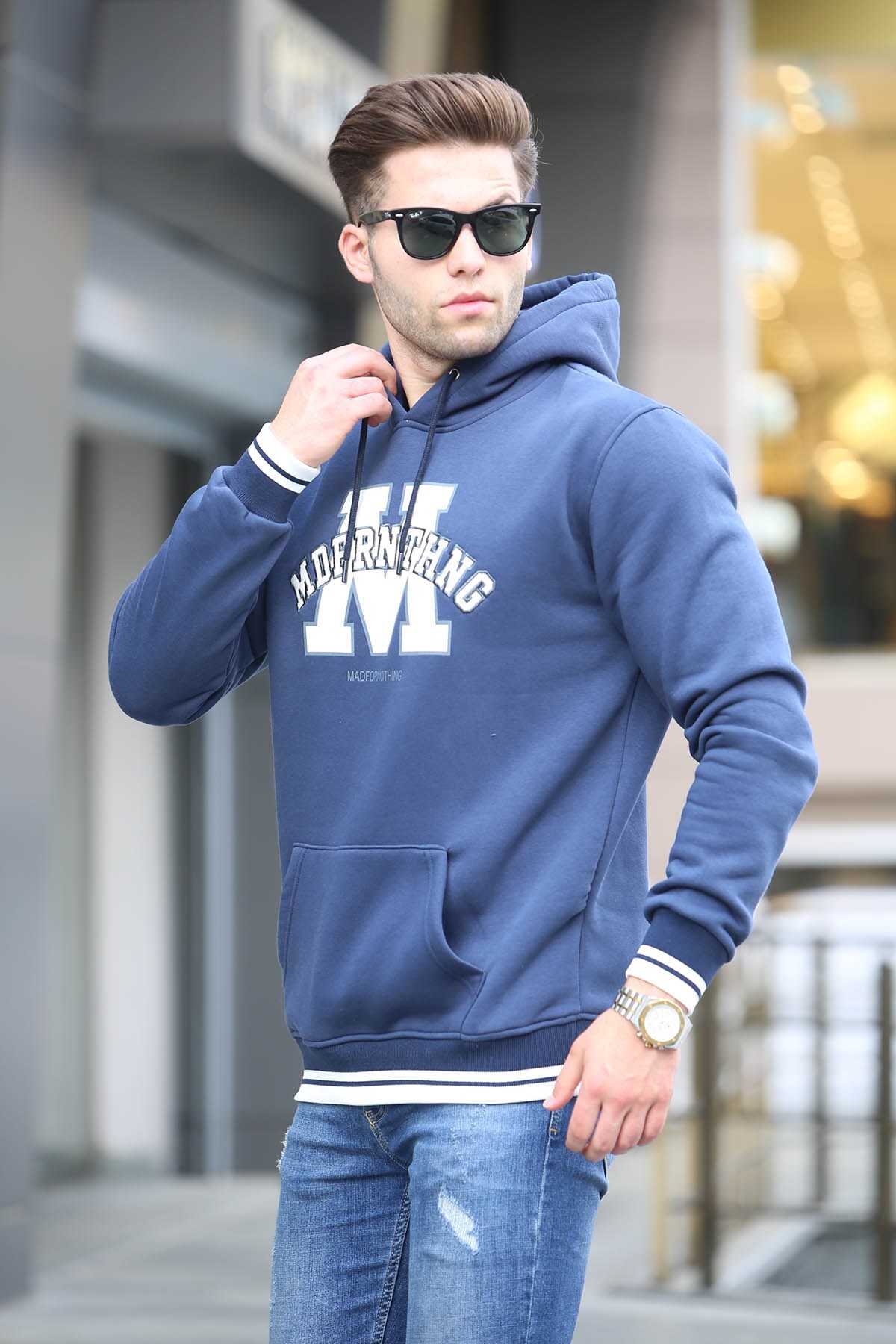 Madmext Navy Blue Embroidered Hooded Sweatshirt 6012