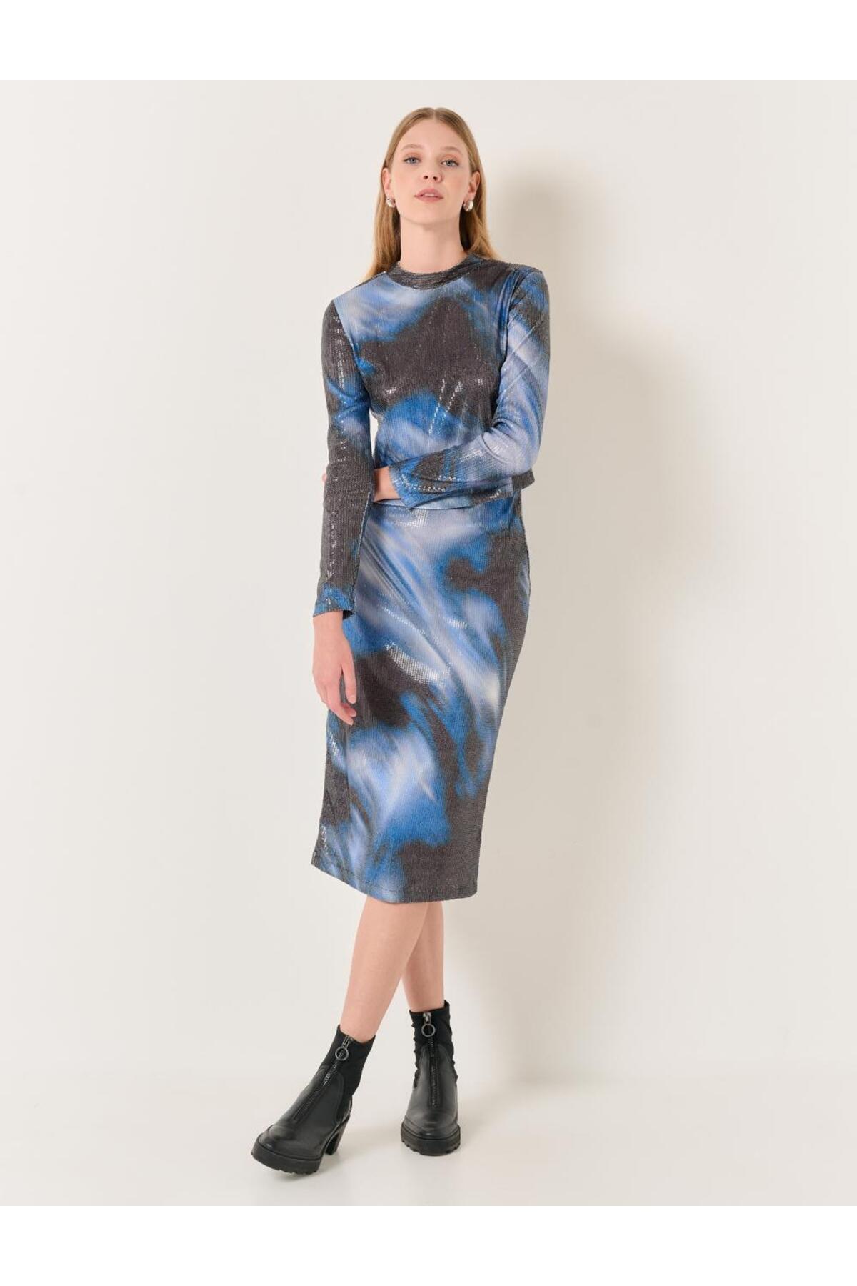 Levně Jimmy Key Blue High Waist Embroidered Sequins Stylish Midi Skirt