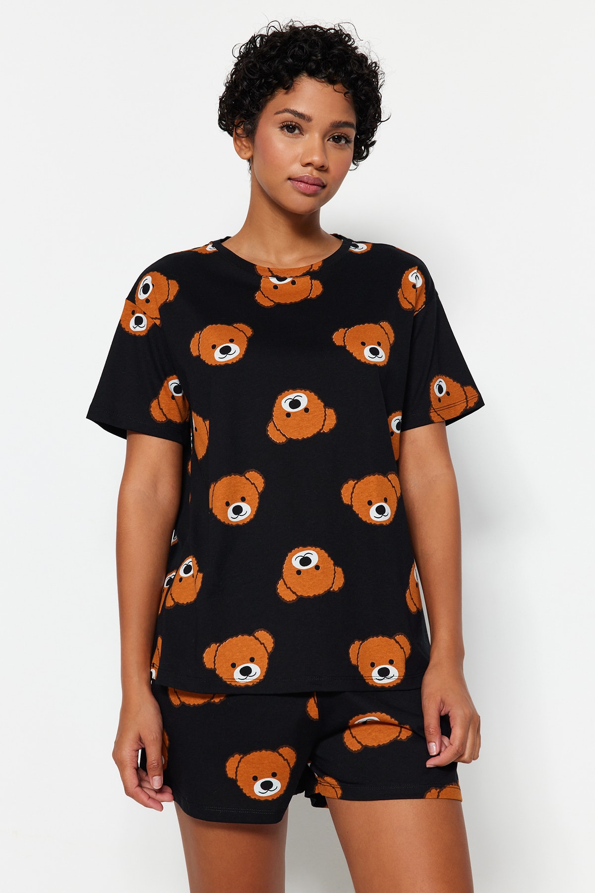 Levně Trendyol Black 100% Cotton Teddy Bear Patterned T-shirt-Shorts Knitted Pajamas Set