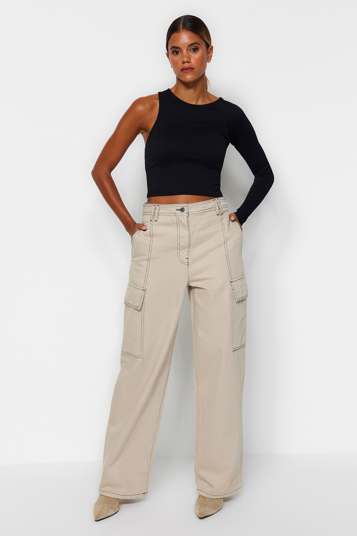 Trendyol Stone Cargo Pocket High Waist Wide Leg Jeans