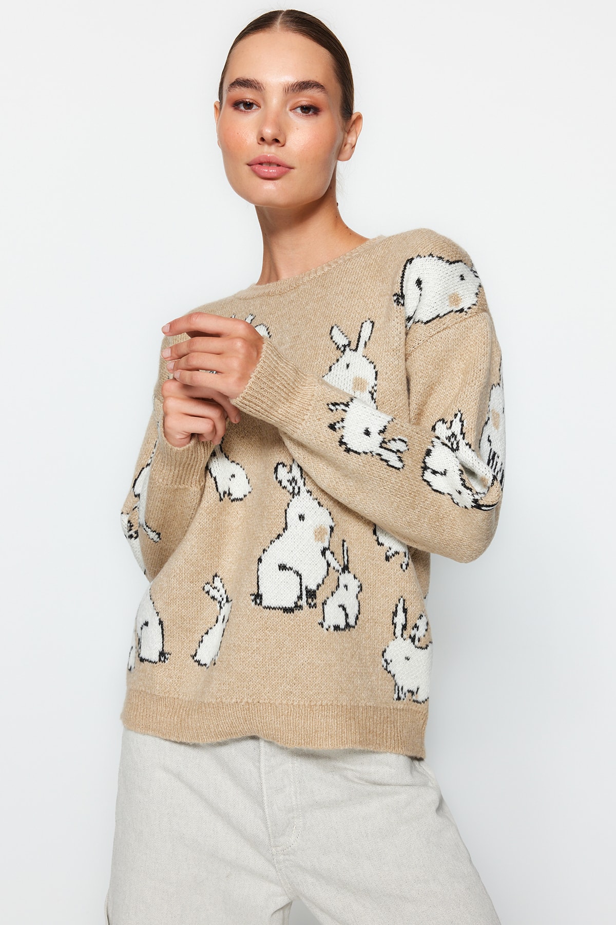 Levně Trendyol Camel Měkký texturovaný vzorovaný pletený svetr