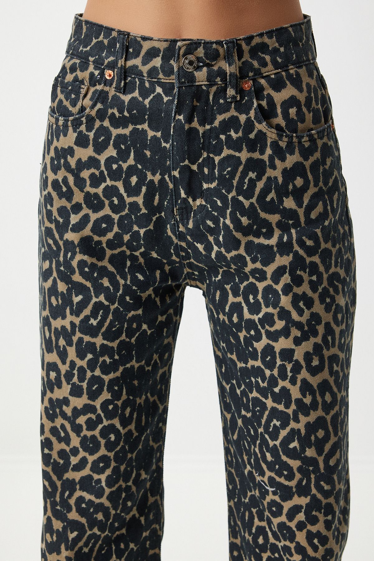 Happiness İstanbul Women's Black Brown Leopard Patterned Straight Jeans
