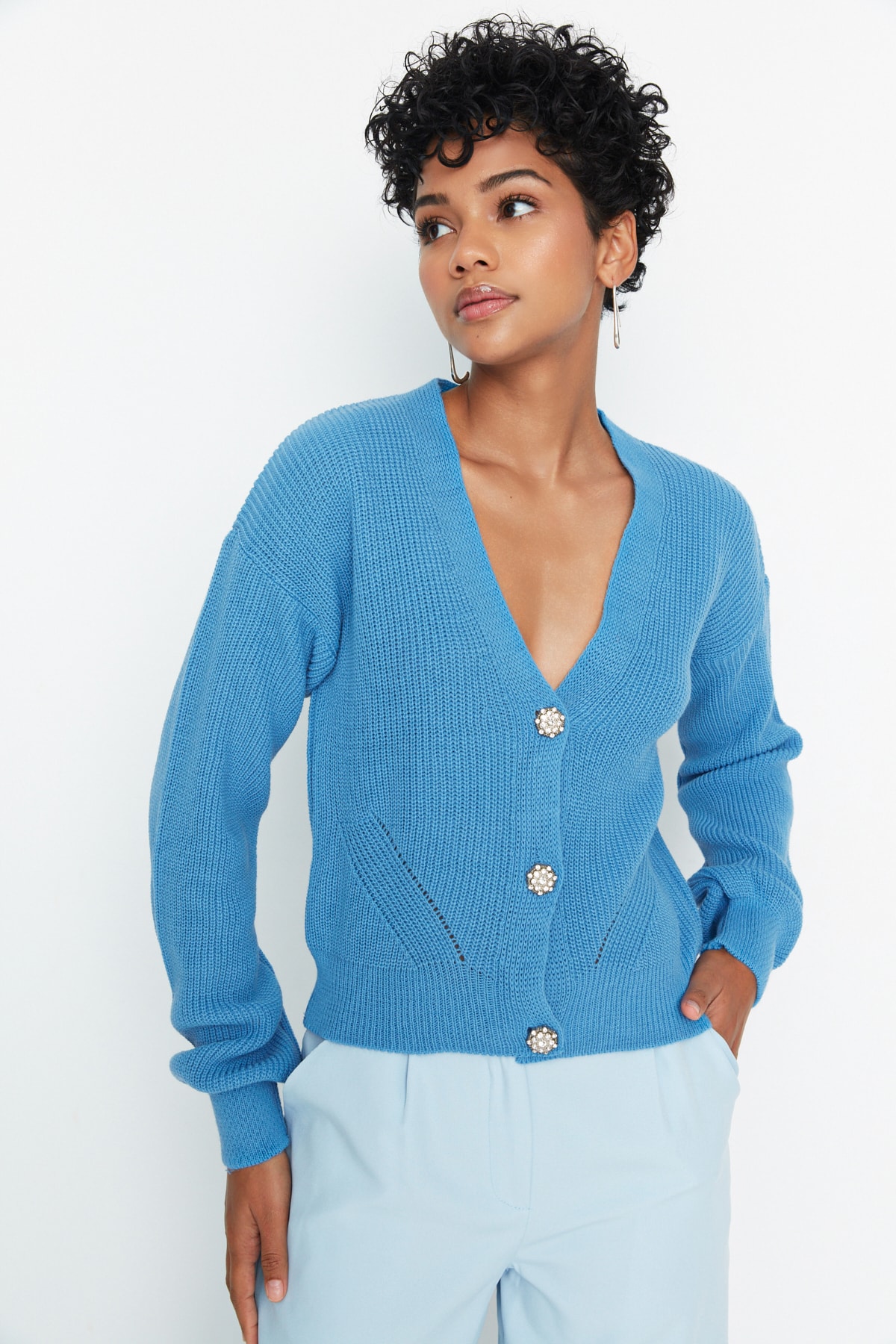 Trendyol Blue Button Detailed Knitwear Cardigan