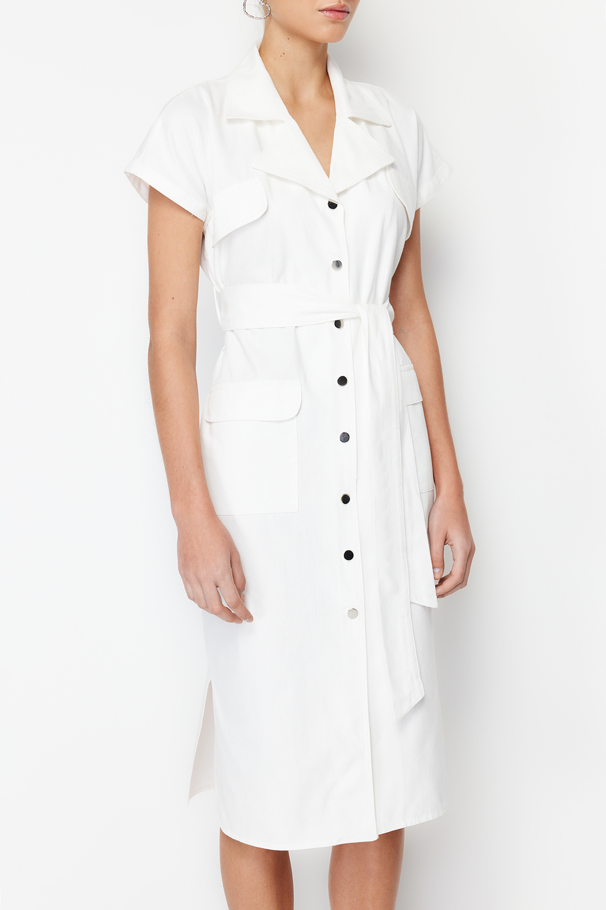 Trendyol Ecru Belted Wide Fit Gabardine Midi Shirt Dress