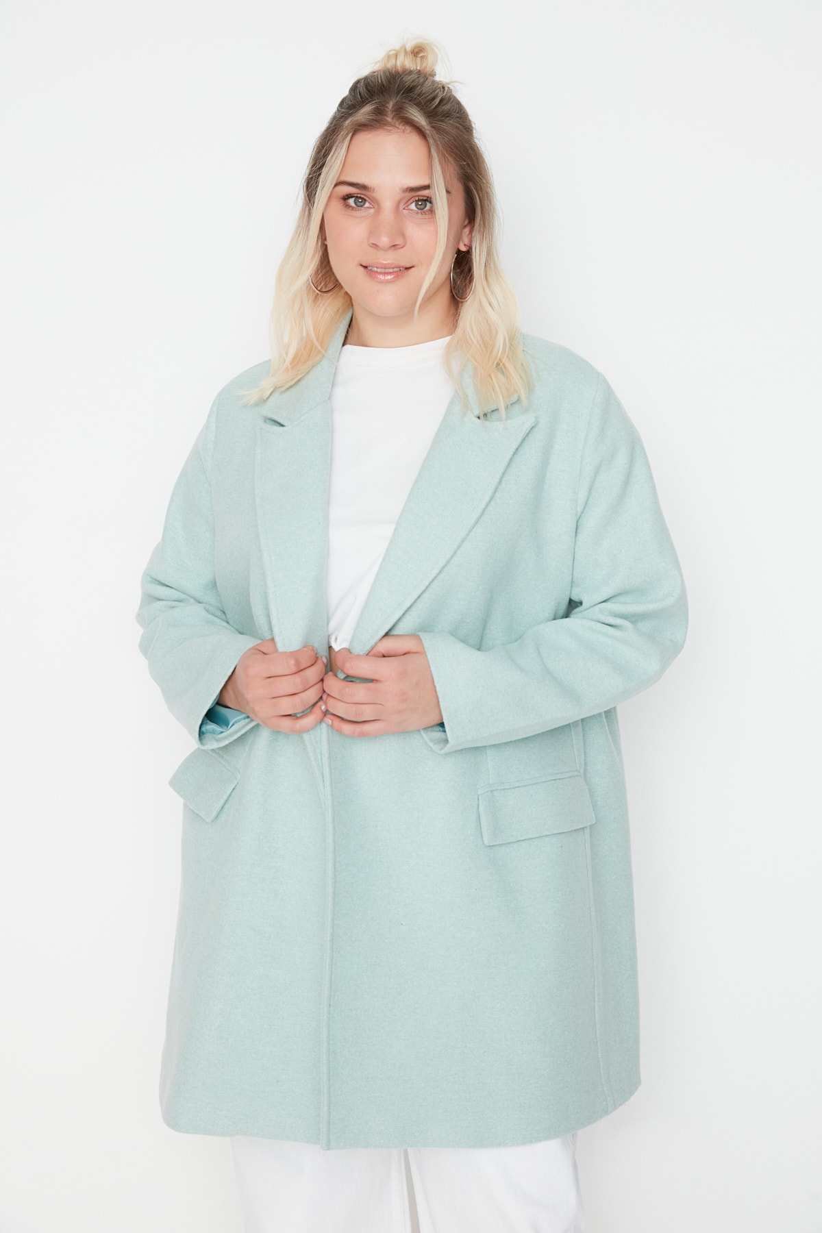 Trendyol Curve Green Pocket Detailed Oversized Stamped Coat