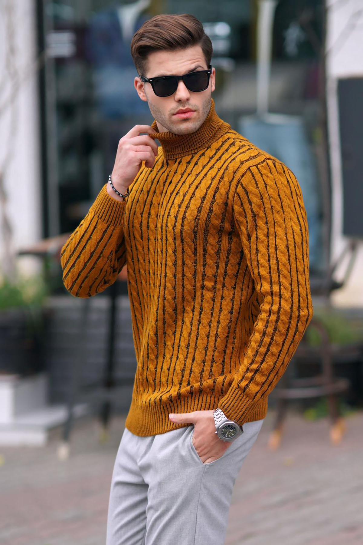 Levně Madmext Mustard Turtleneck Knit Detailed Sweater 6317