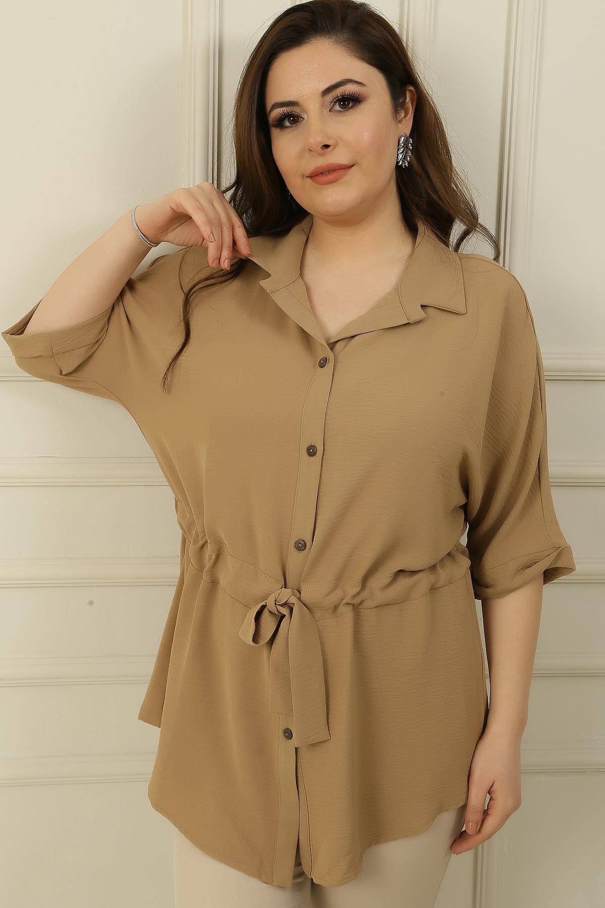 Levně By Saygı Belted Waist and Front Buttoned Plus Size Ayrobin Tunic Shirt