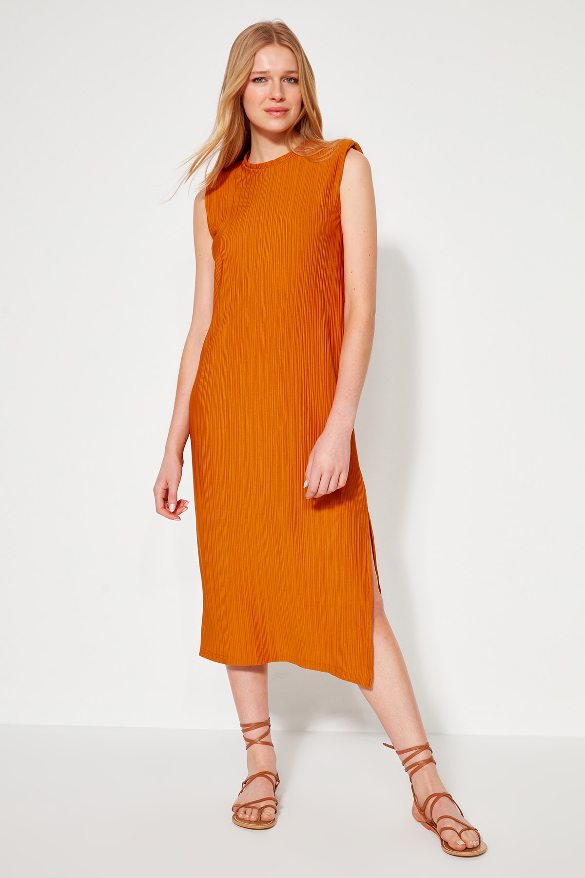 Trendyol Orange Wadding Shift/Plain Pleated Midi Knitted Dress