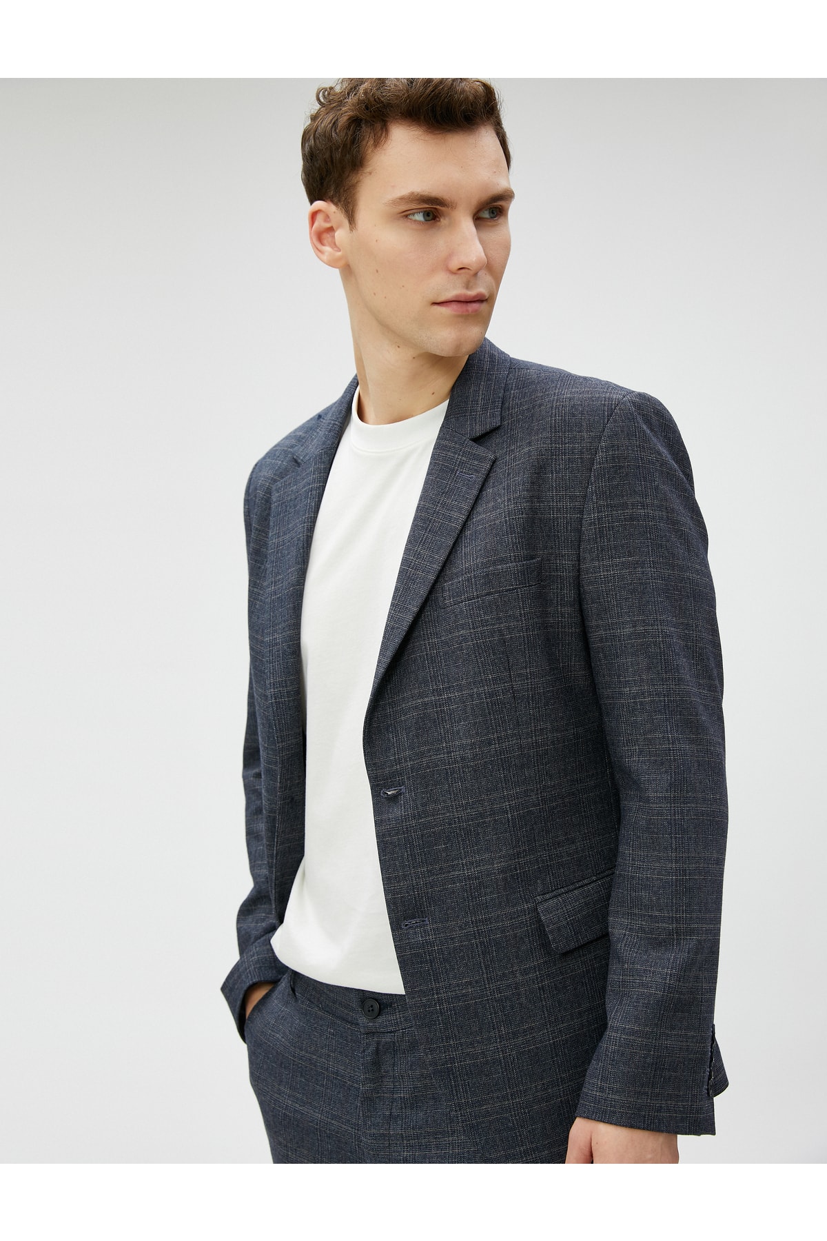 Koton Checkered Blazer Jacket Pocket Detailed Buttoned Slim Fit
