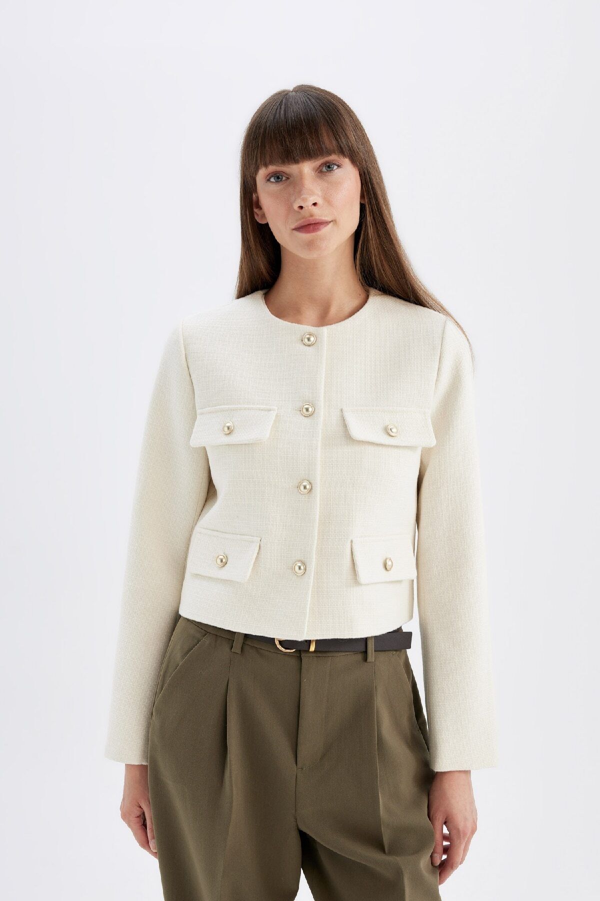 DEFACTO Crop Crew Neck Button-Down Blazer Jacket