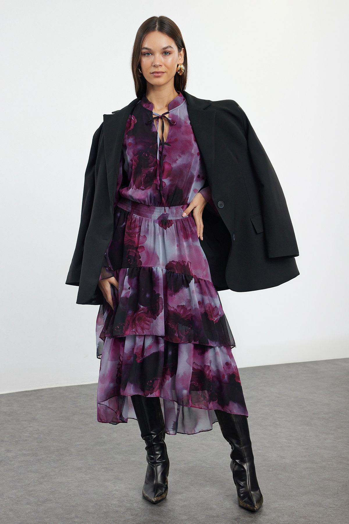 Trendyol Limited Edition Plum Shawl Pattern Skater Ruffle Midi Woven Dress