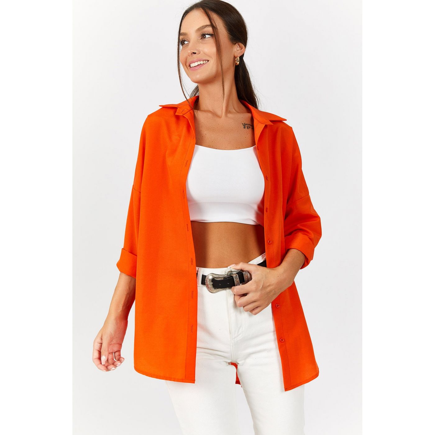 Armonika Women's Orange Oversize Long Basic Shirt