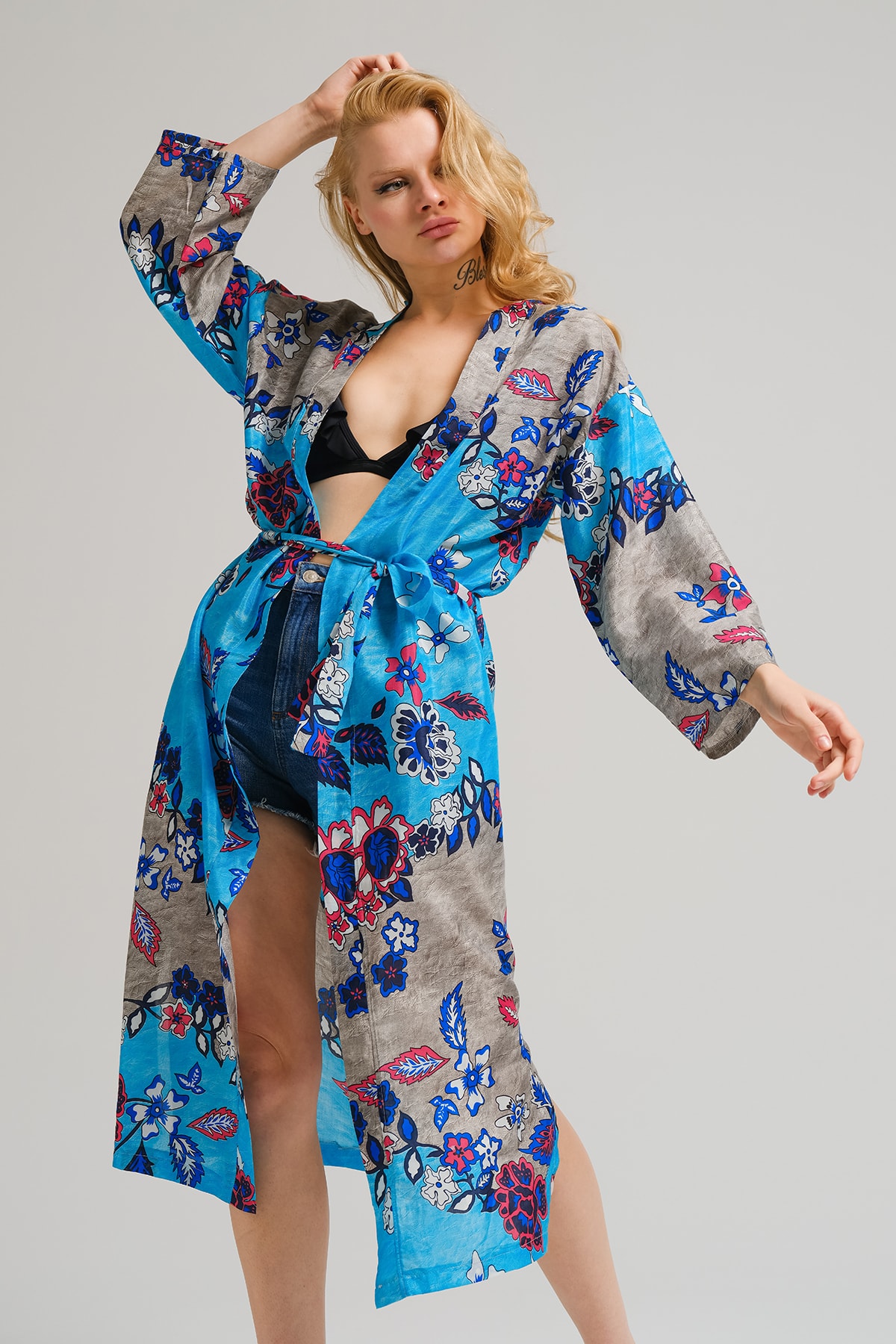 Levně armonika Women's Turquoise Patterned Long Kimono