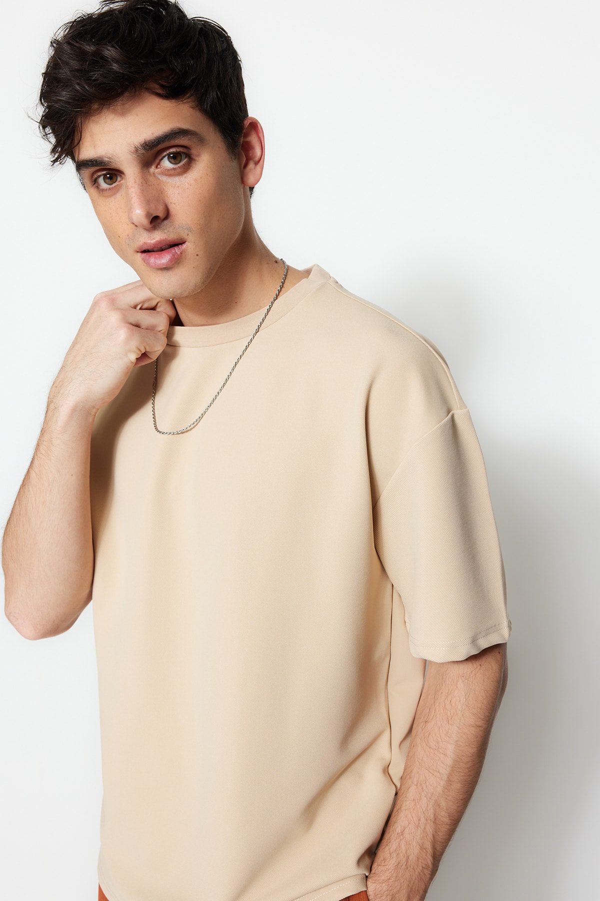 Trendyol Limited Edition Beige Men's Basic Relaxed/Comfortable fit, Short Sleeve Embroidered Labels, Textured T-Shirt.
