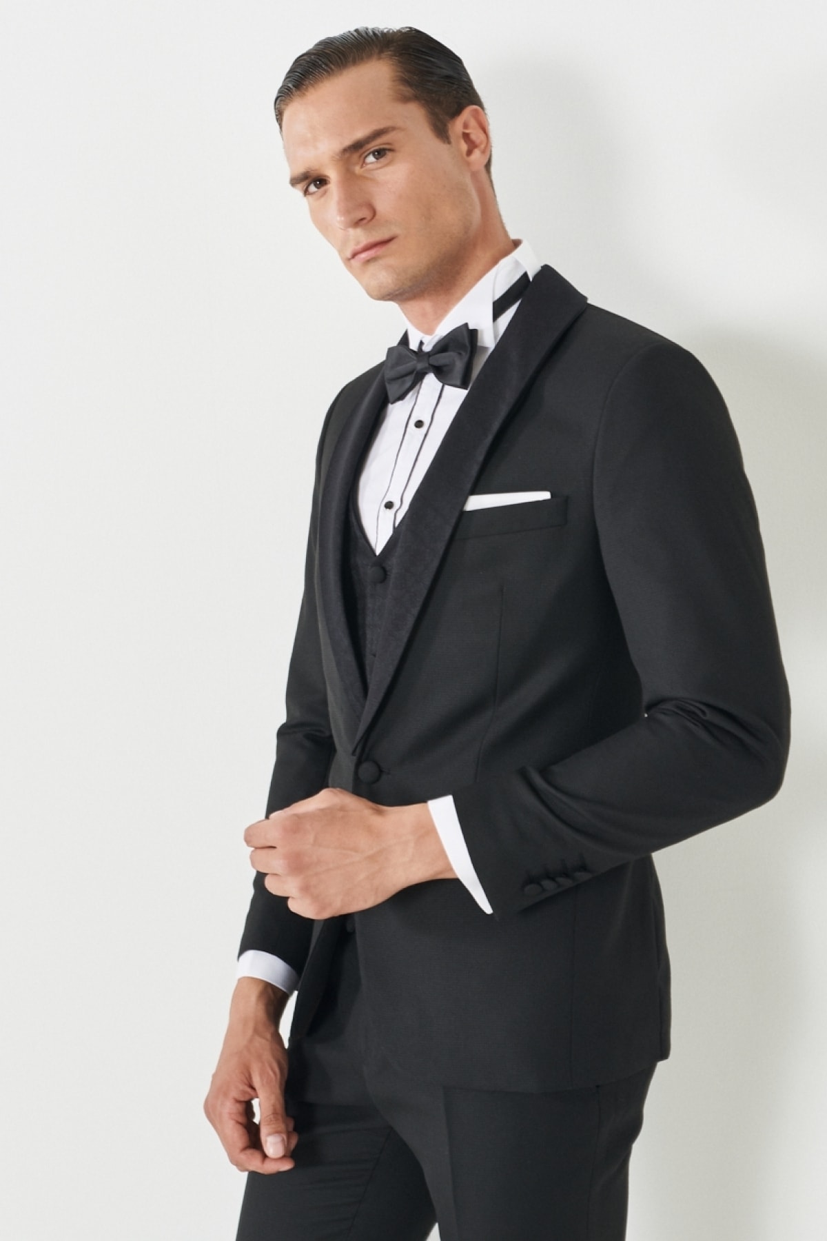 Levně ALTINYILDIZ CLASSICS Men's Black Extra Slim Fit Slim Fit Dovetail Collar Patterned Vest Tuxedo Suit.