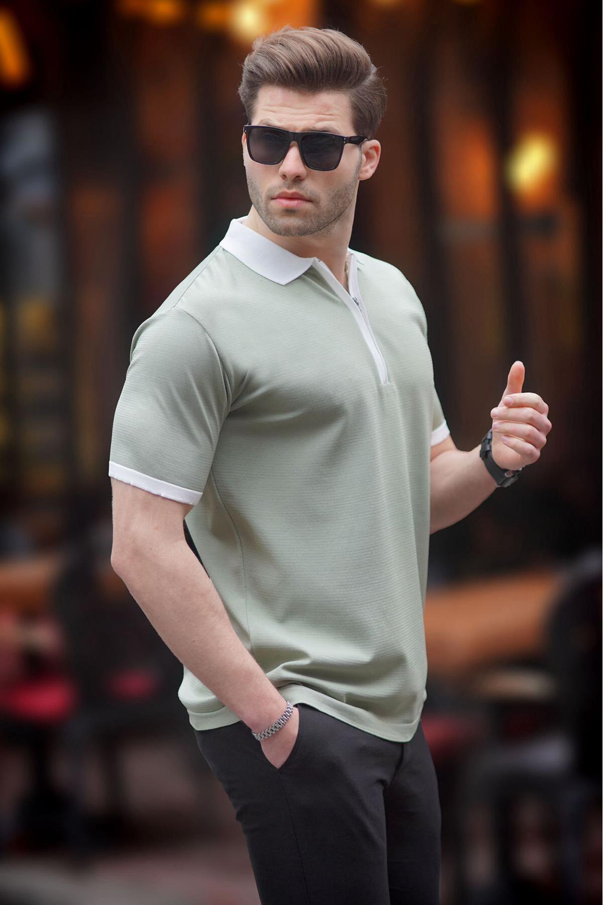 Madmext Green Zipper Detailed Polo Collar Men's T-Shirt 6880