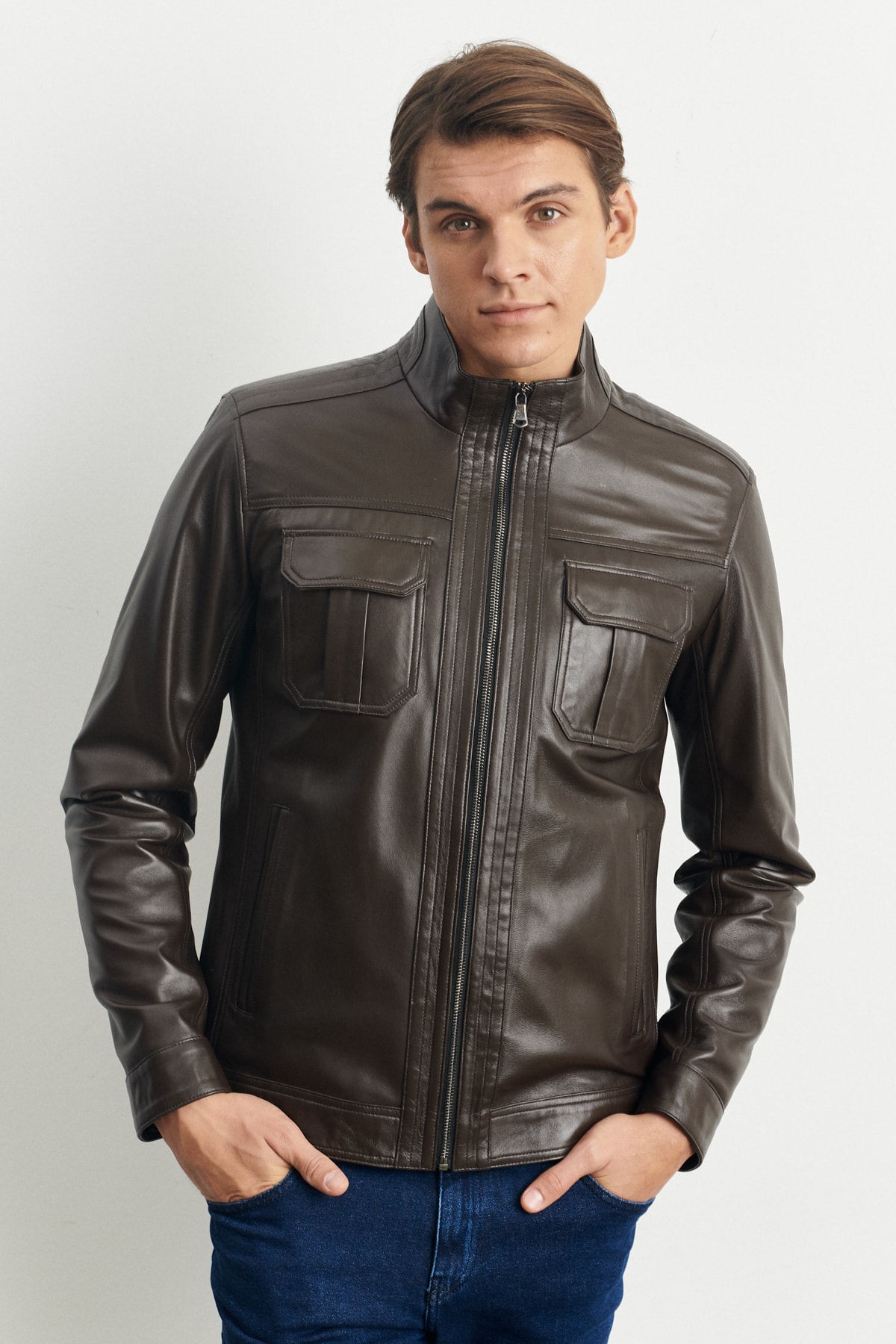 Levně ALTINYILDIZ CLASSICS Men's Brown Standard Fit Normal Cut Baby Collar 100% Genuine Leather Coat