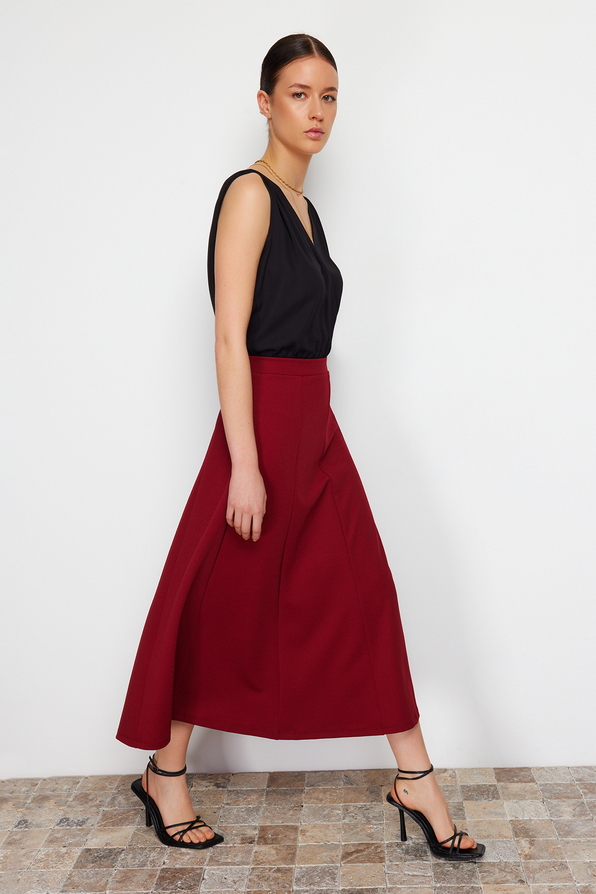 Trendyol Burgundy Flared Maxi Stretchy Knitted Skirt