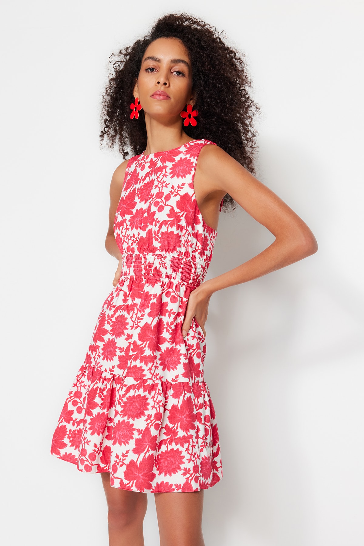 Trendyol Fuchsia Waist Opening Mini Woven Gimped Detailed Floral Woven Dress