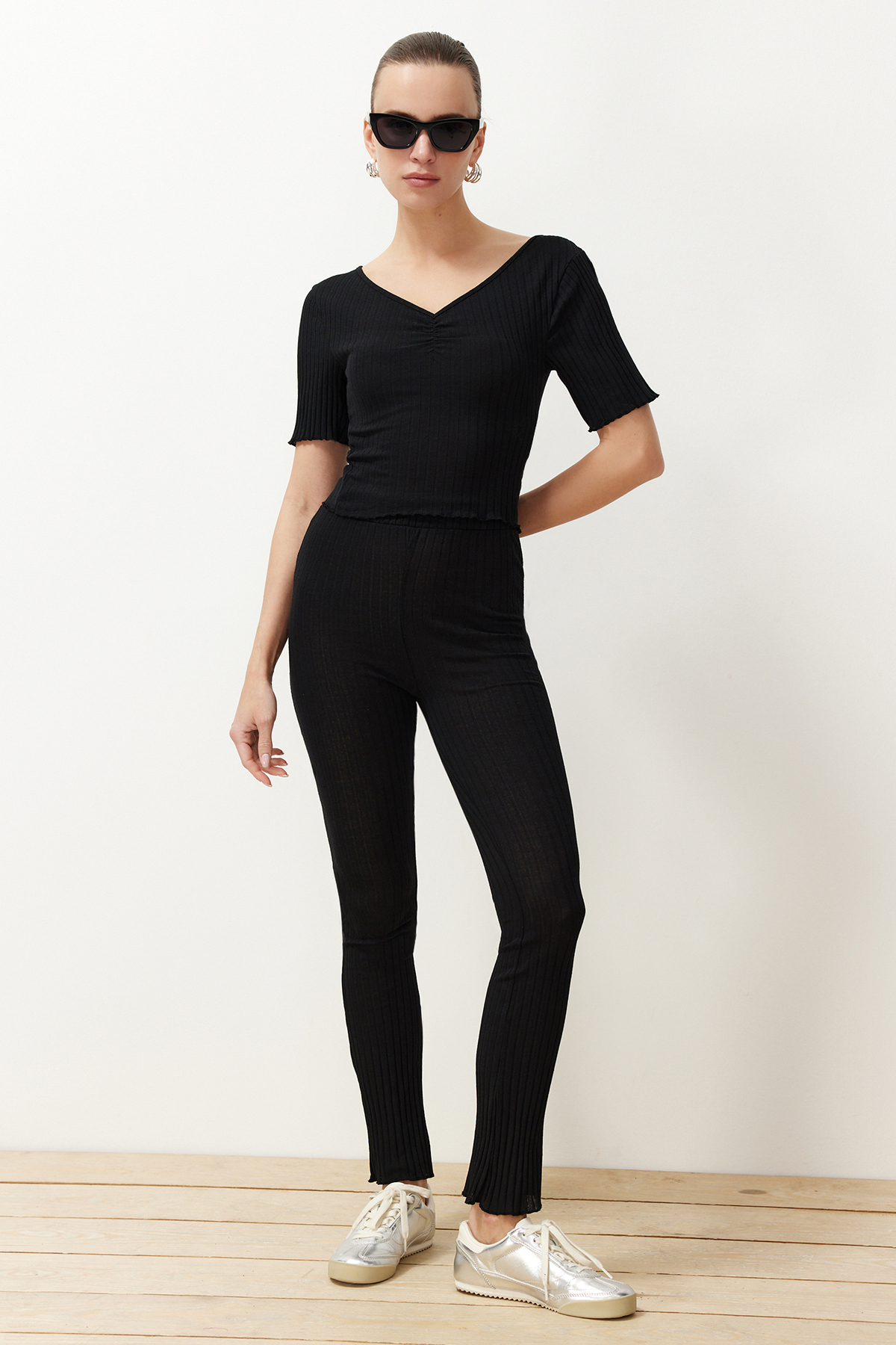 Trendyol Black V-Neck Gather Detailed Ribbed Stretchy Knitted Blouse and Trousers Bottom-Top Set