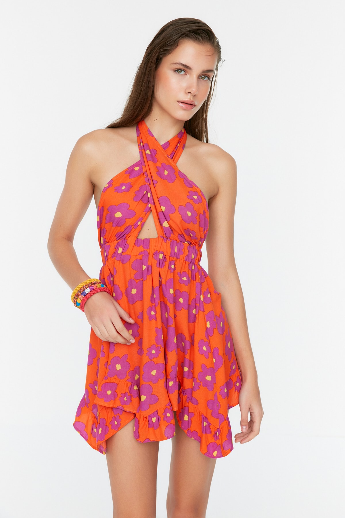 Levně Trendyol Floral Patterned Tie Back Detailed Beach Dress