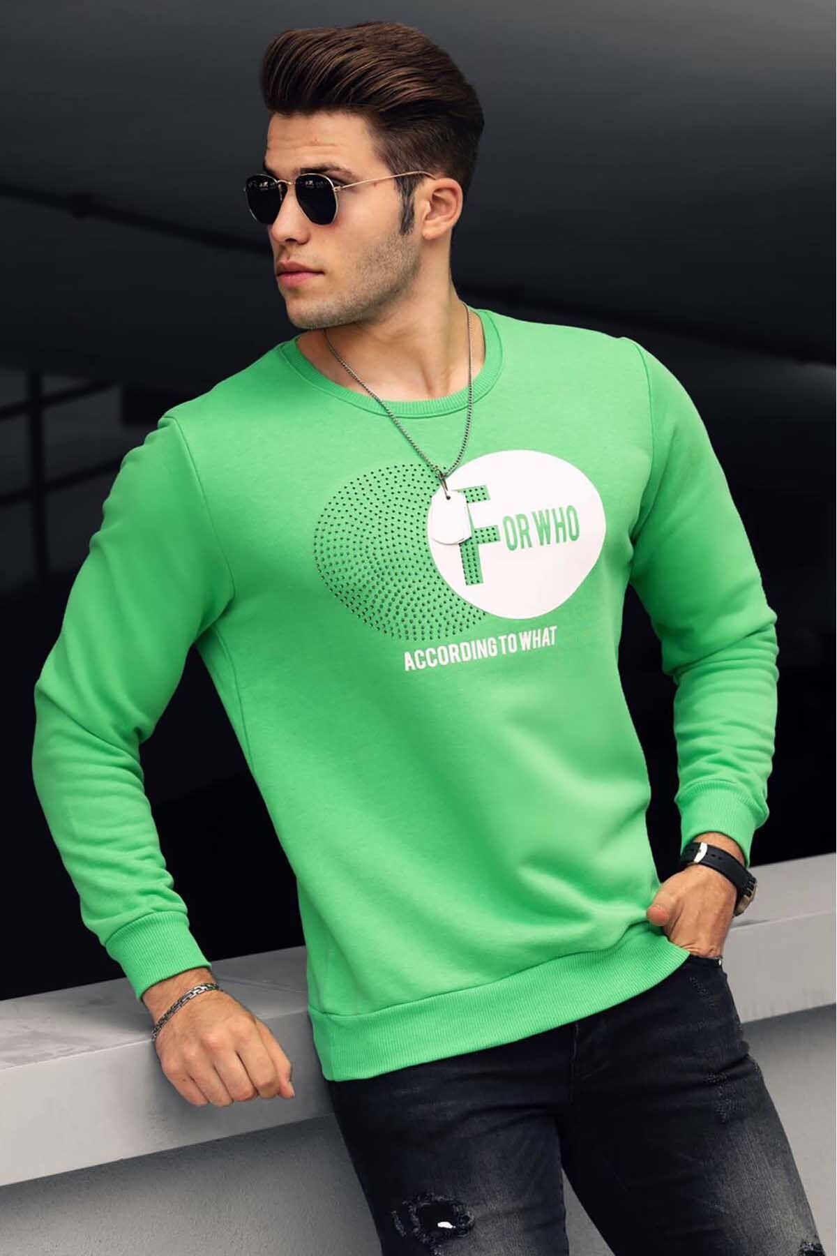 Levně Madmext Green Printed Crewneck Sweatshirt 4756