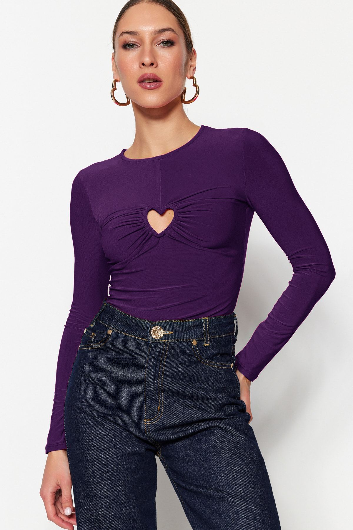 Trendyol Purple Knitted Heart Window/Cut Out Detailed Stud Body