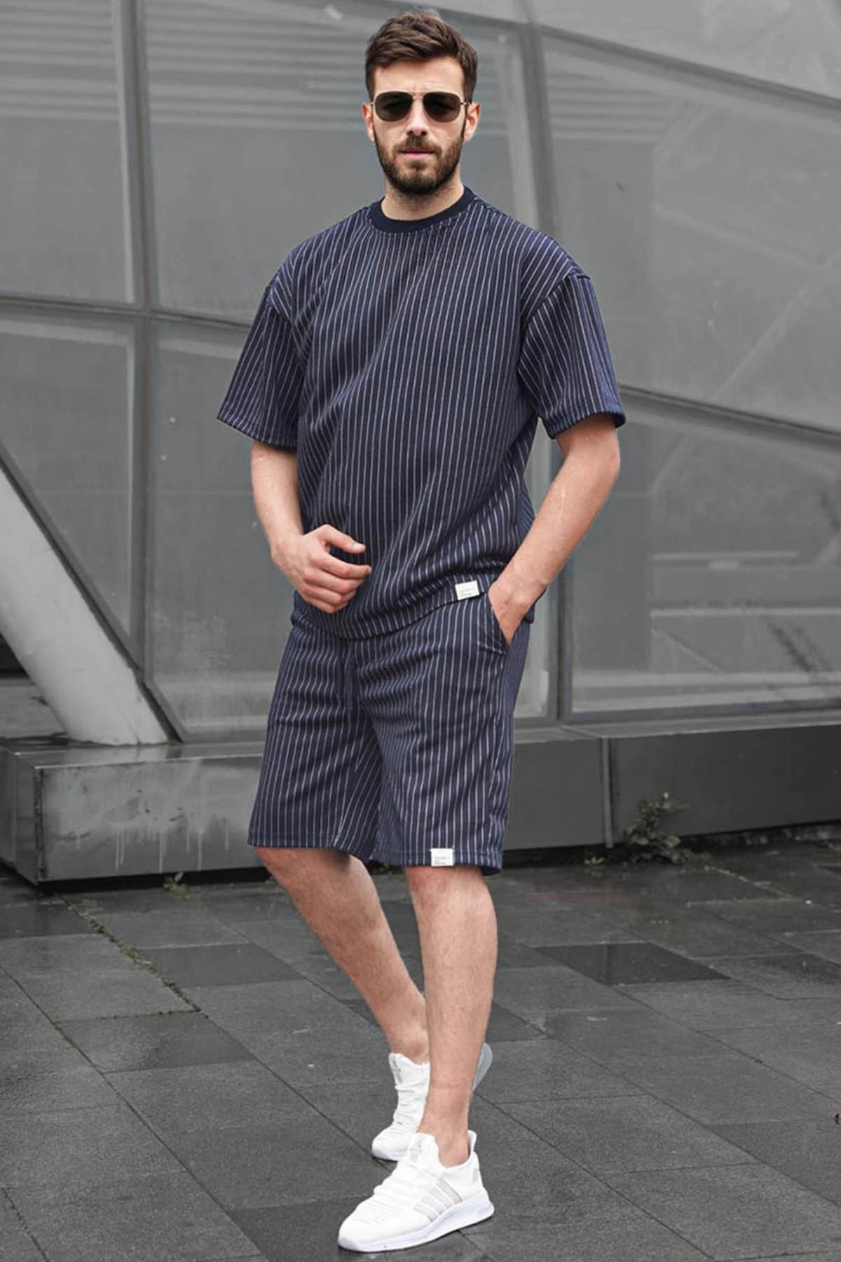 Levně Madmext Navy Blue Striped Men's Shorts Set 6398