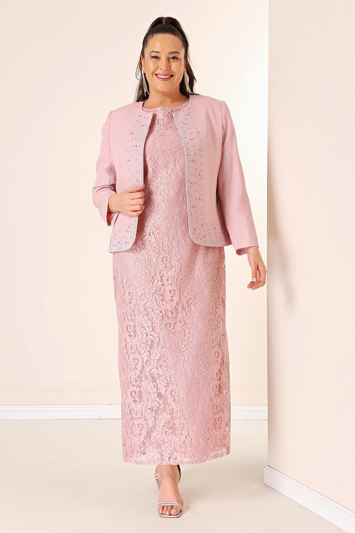 By Saygı Sleeveless Floral Lace Long Dress Stone Detailed Crepe Jacket Lined Plus Size 2-Piece Suit