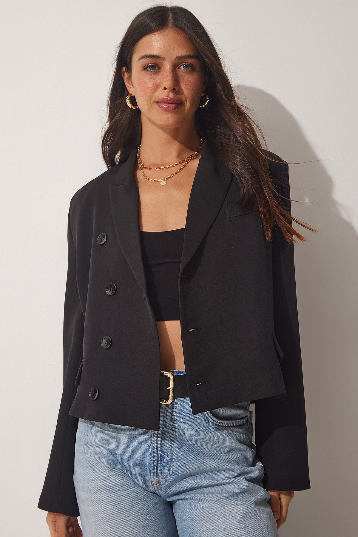 Happiness İstanbul Women's Black Crop Fit Double Breasted Blazer Jacket