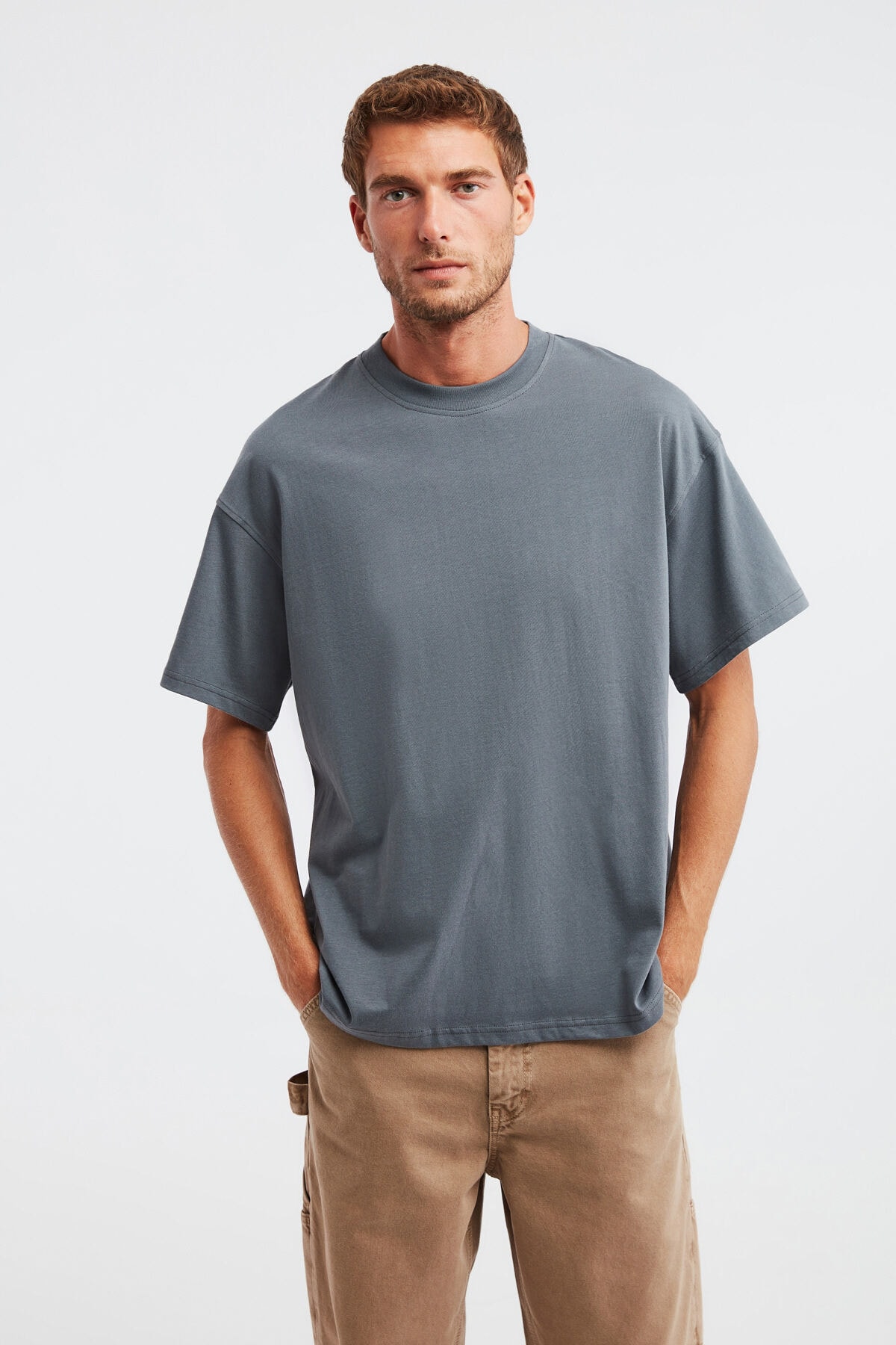 Levně GRIMELANGE Jett Men's Oversize Fit 100% Cotton Thick Textured Light Gray T-shirt