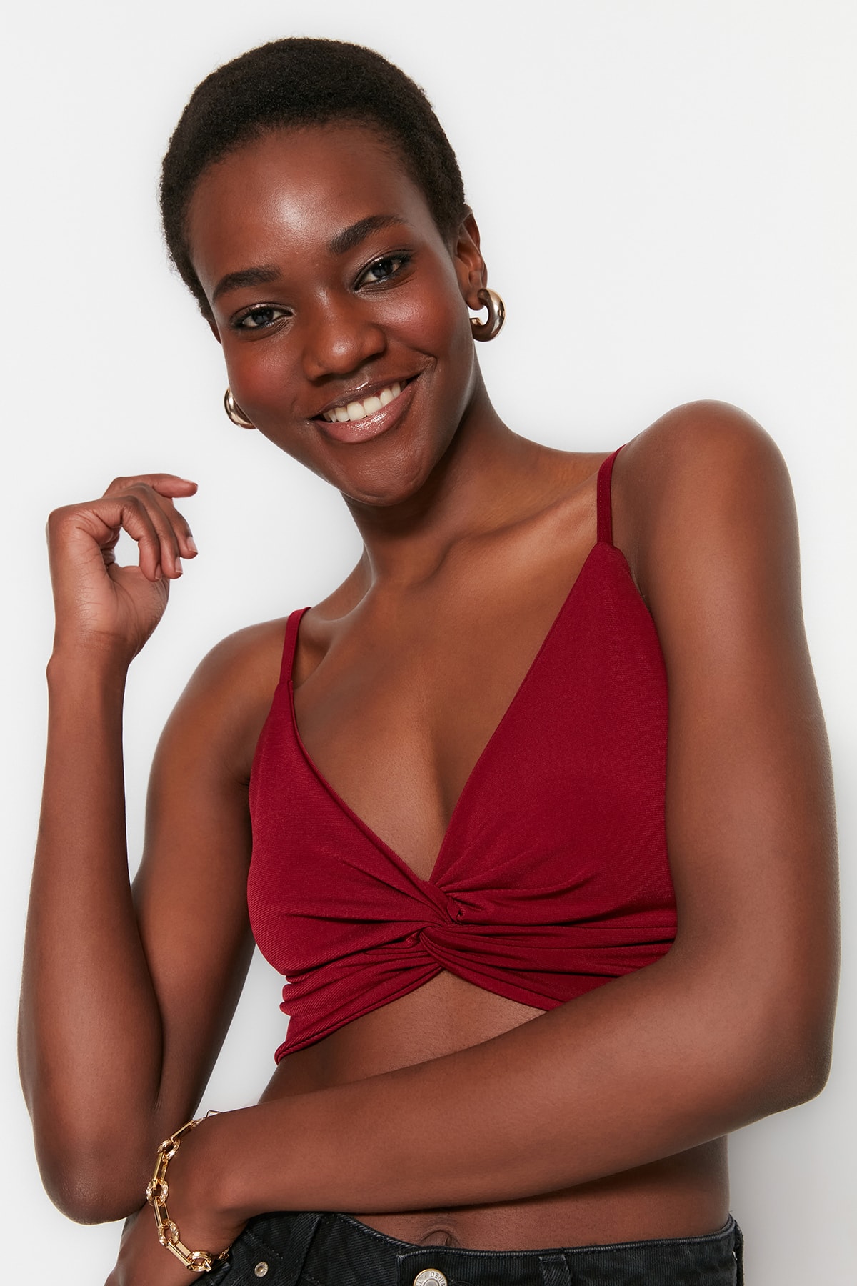 Trendyol Claret Red Double Breasted Super Crop Stretchy Knitted Blouse