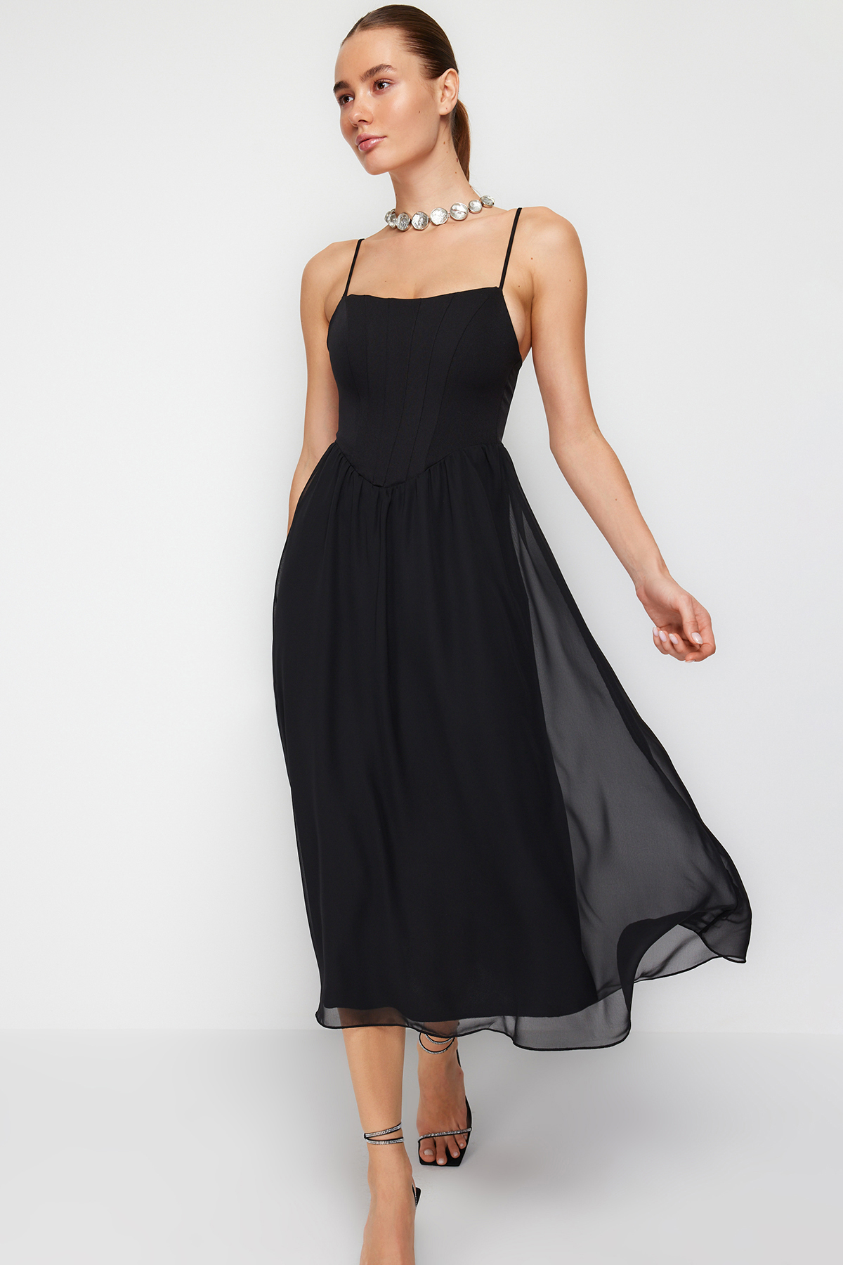 Trendyol Black Open Waist/Skater Lined Corset Detailed Tulle Elegant Evening Dress