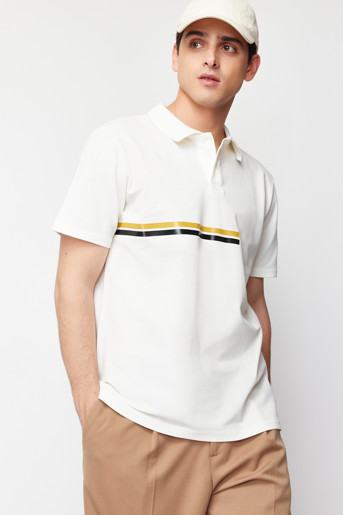Levně Trendyol White Regular/Regular Fit Stripe Printed 100% Cotton Polo Neck T-shirt
