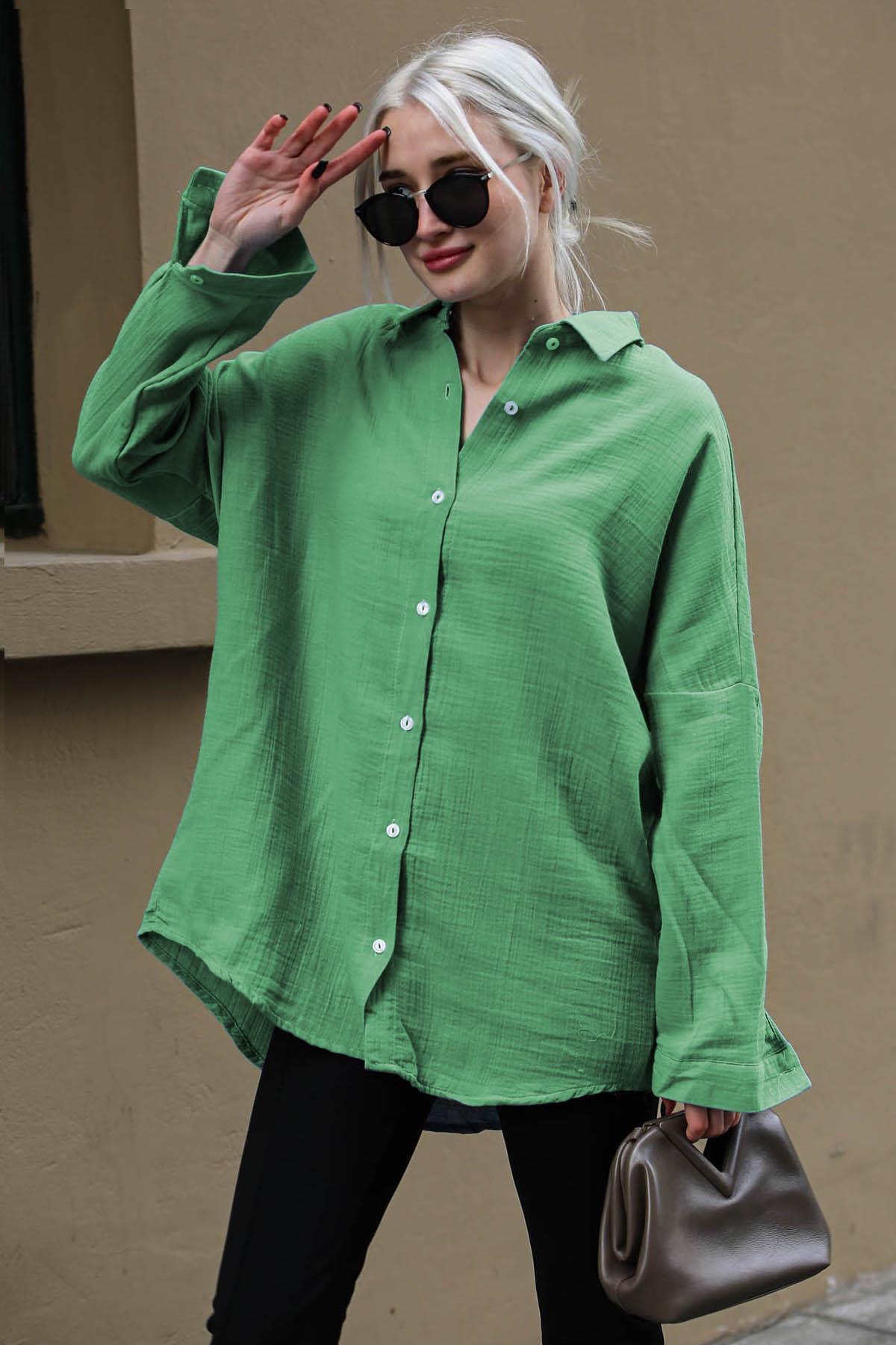 Madmext Moss Green Muslin Fabric Basic Women's Shirt