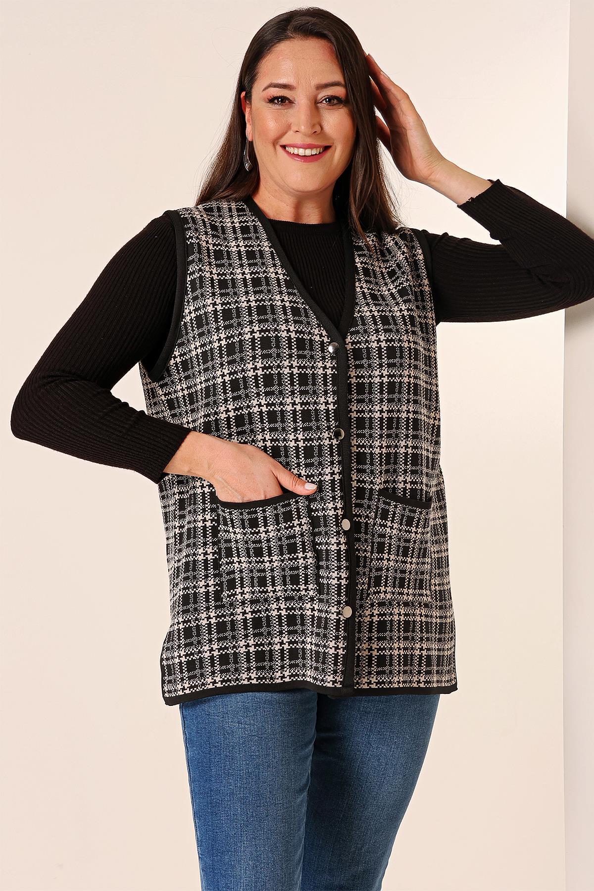 By Saygı Metal Button Front Checkered Plus Size Knitwear Vest with Pocket