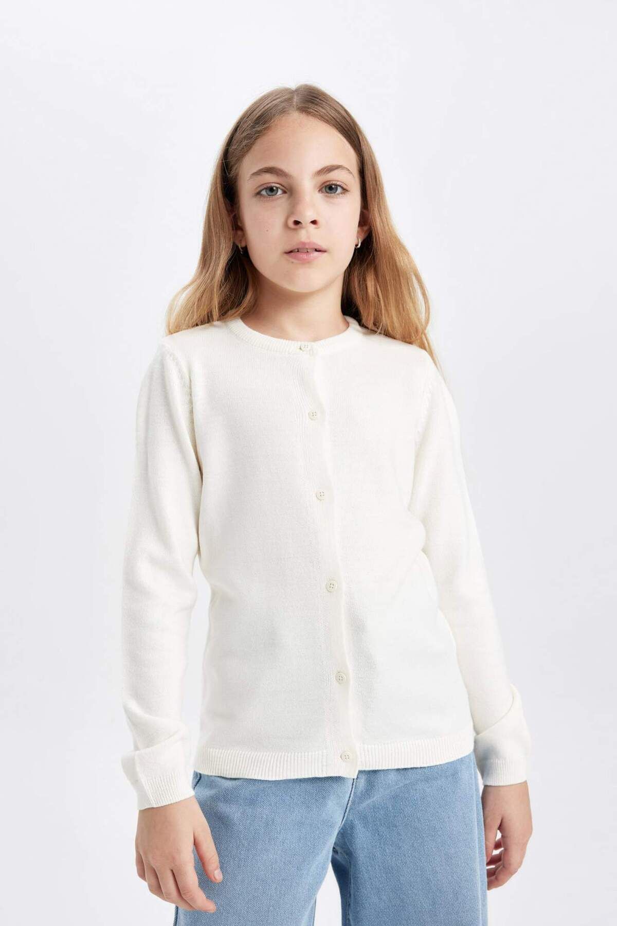 DEFACTO Girl White Crew Neck Knitted School Cardigan