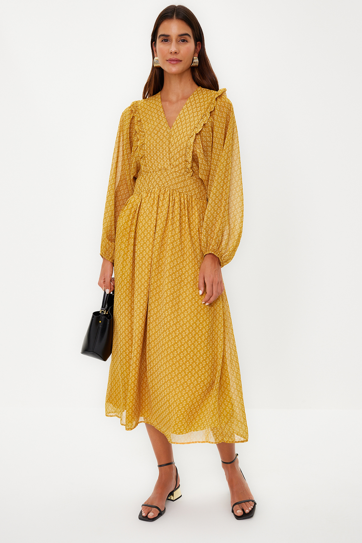Levně Trendyol Mustard Minimal Patterned Chiffon Lined Woven Dress