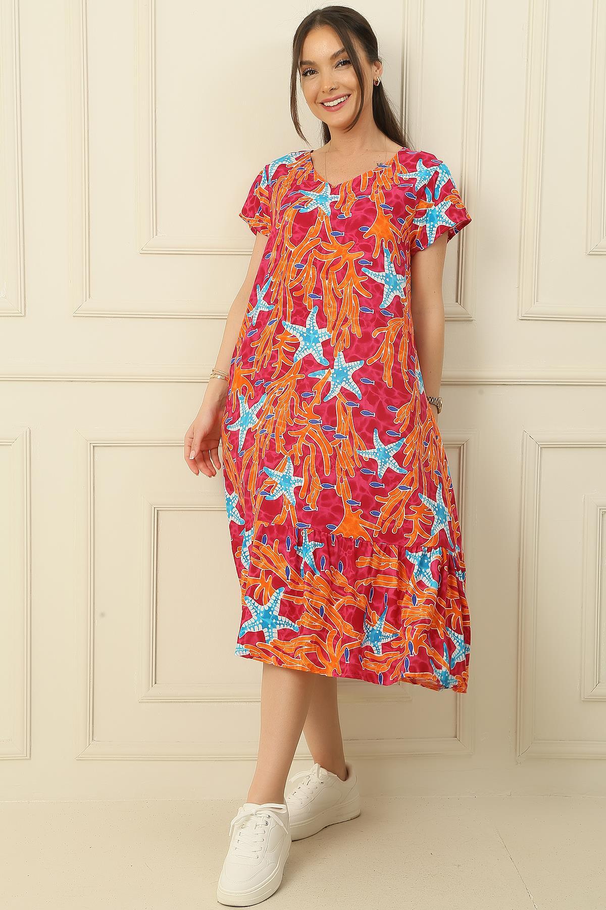 Levně By Saygı V-Neck Starfish Skirt Pleated Oversize Comfortable Fit Viscose Dress