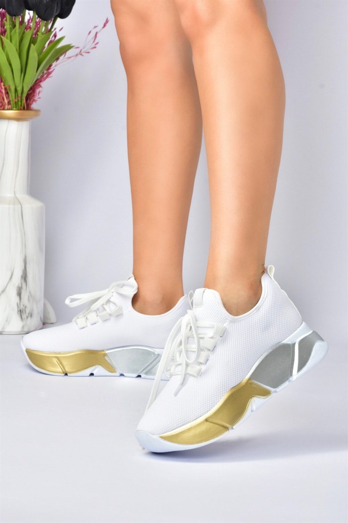 Fox Shoes White/gold Fabric Thick Sole Women's Sneakers Sports Shoes